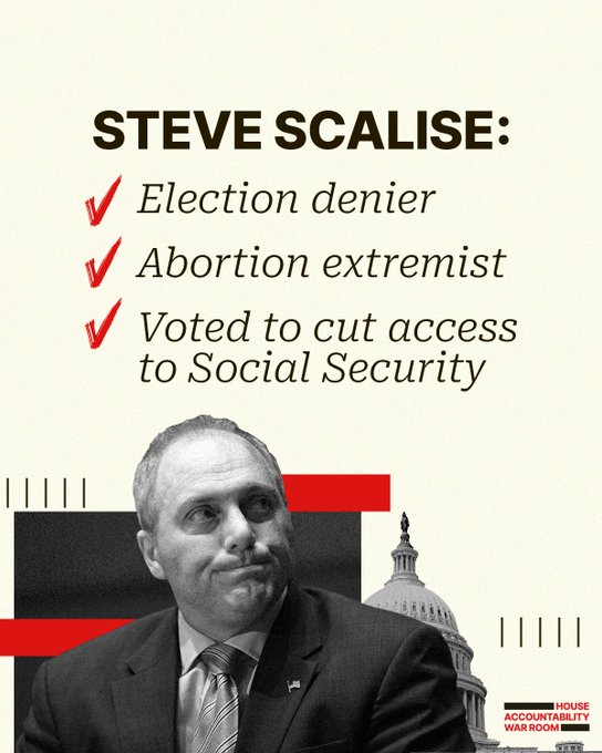 The graphic shows a picture of Congressman Steve Scalise. The text reads: Steve Scalise: Election denier, abortion extremist, voted to cut access to social security.
